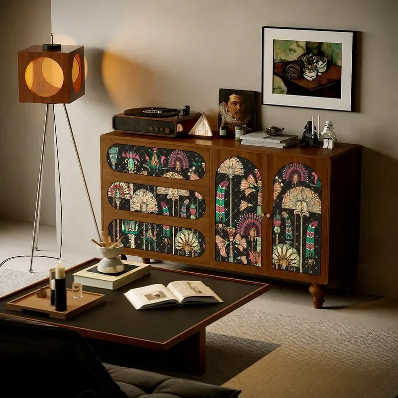 Retro Solid Wood Vertical Cabinet Arc Sideboard for Entryway Living Room Dining Room Storage Decorative Chest