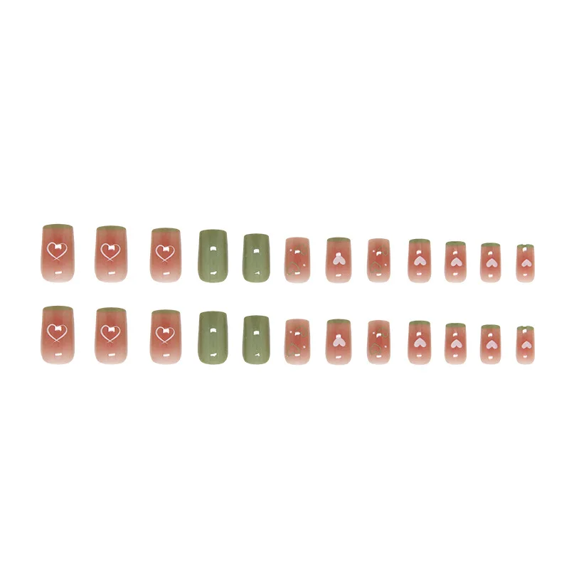 24 قطعة أحمر الخدود الحب القلب نمط اضغط على الأظافر لامعة العنب الأخضر الفرنسي نمط الأظافر كاذبة Ins الربيع لطيف وهمية مسمار يمكن ارتداؤها