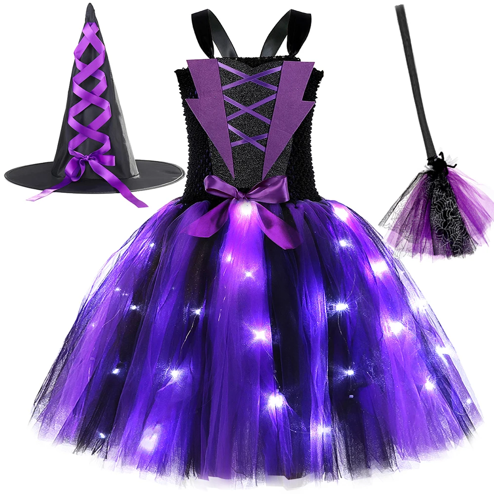 Led Lights Wicked Witch Fancy Dress for Girls Carnival Halloween Costume Kids Ghost Festival Cosplay Outfit with Witch Hat Broom