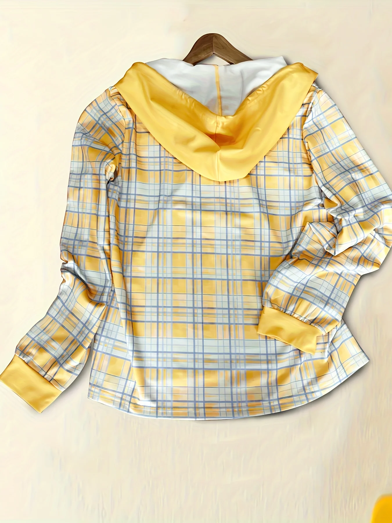 Plaid long-sleeved button-down drawstring hoodie top women