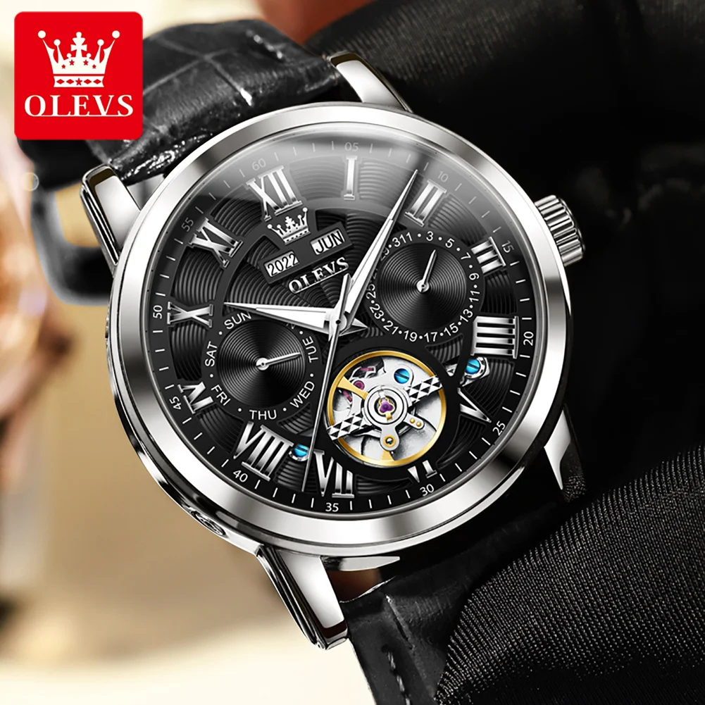 OLEVS 6668 Automatic Mechanical Watches for Men Leather Strap Skeleton Style Waterproof Man Watch Luxury Luminous Wristwatches