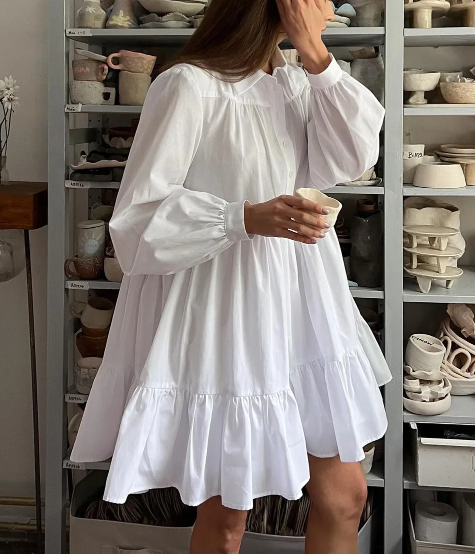 

White Women's Shirt Dress with Collar Vintage Long Sleeve Oversize Blue Dresses Loose Elegant Buttons Shirt Dress for Women 2025