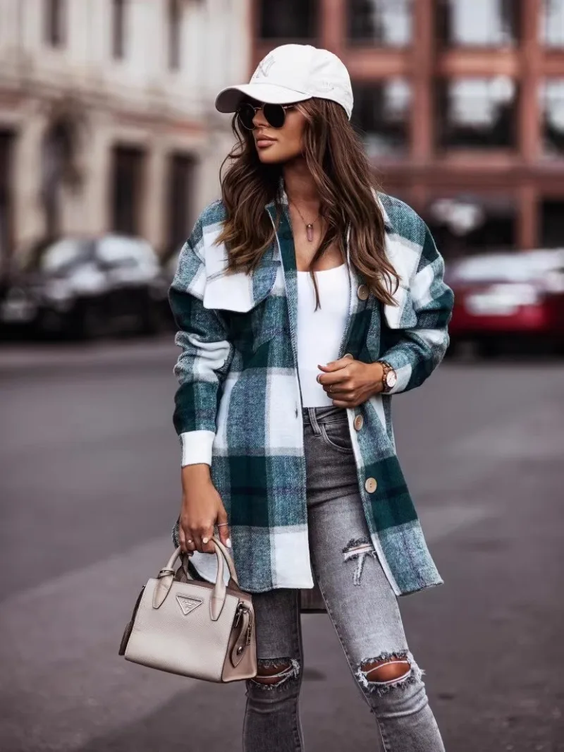 

Women's Clothing Autumn and Winter Hot Selling Casual Fashion Commuting Long Sleeved Plaid Woolen Jacket