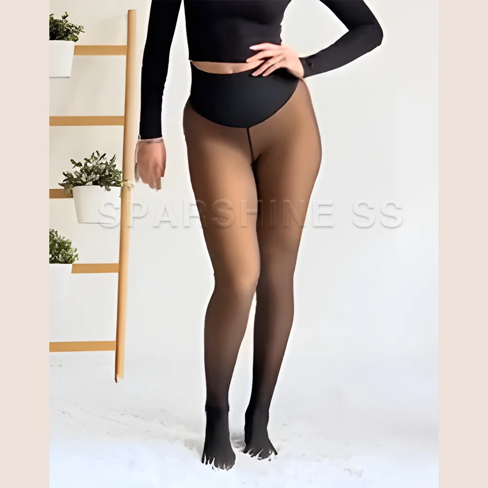 European and American High-Waisted Tummy-Control Sheer Footed Tights Fleece-Lined Leggings Slim Fit Women Long Pants