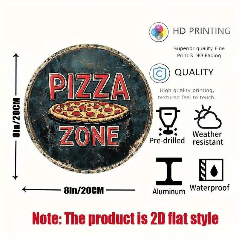 1pc, 2D Flat Print, Round Aluminum Sign Wall art, Vintage Metal Sign, Pizza Themed, for Bar Kitchen Coffee home room living room