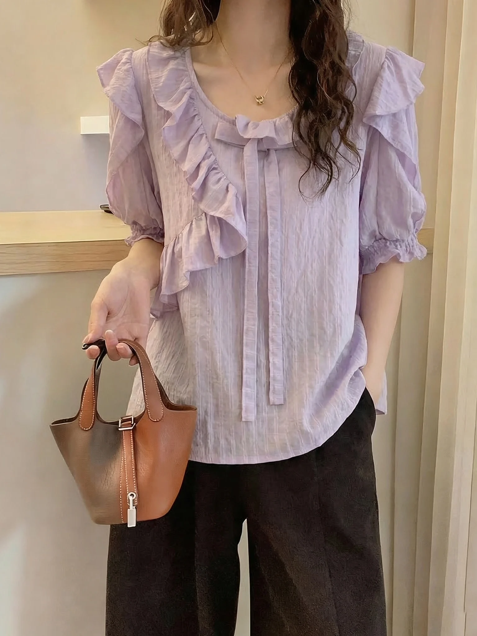 

Purple Bell Sleeve Short Sleeve Shirt Women's Beautiful Lace Trim Top Korean Style Bubble Sleeve Loose Fit Summer New Arrival
