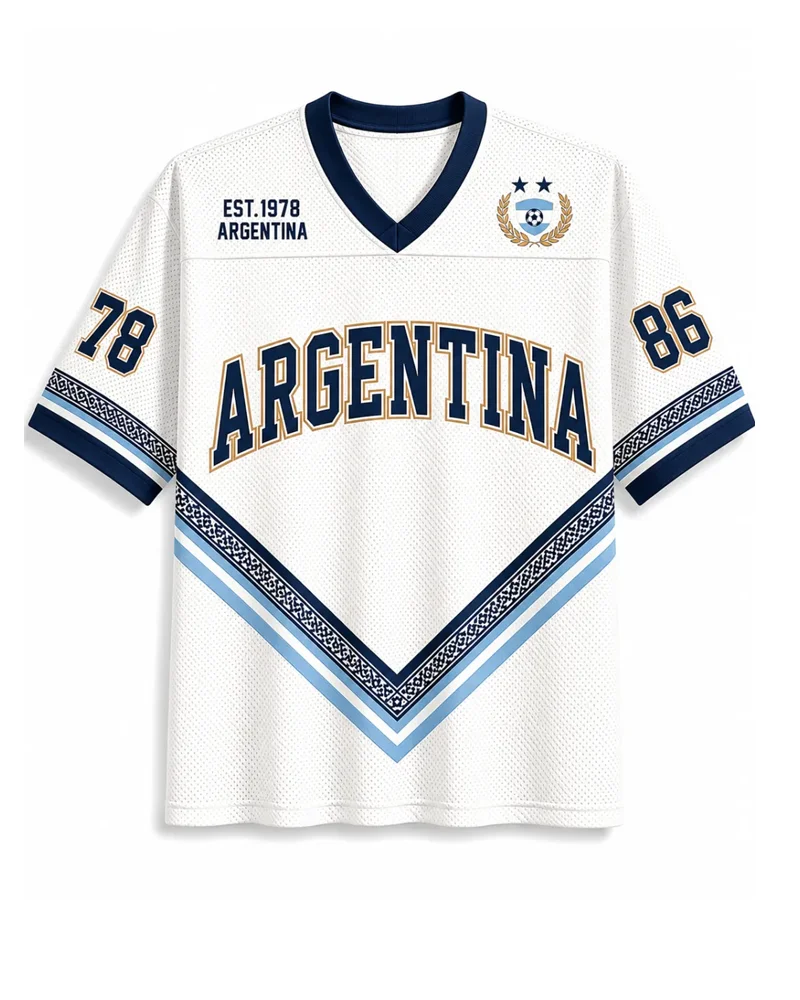 American Retro Argentine Football Short Sleeved Contrasting Splicing Niche College Style 3D Printed T-shirt for Men and Women