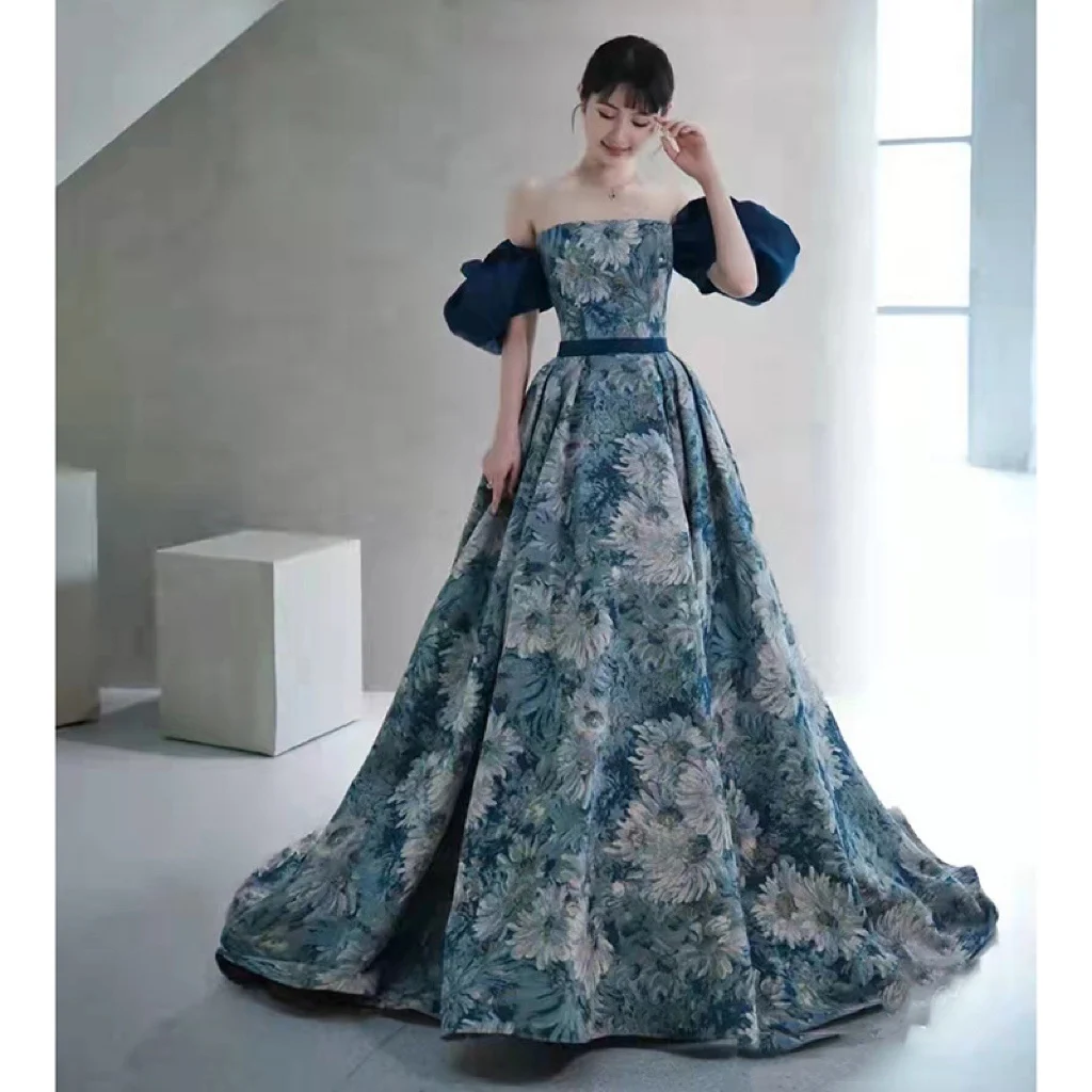 Elegant Flower Evening Dress For Women Blue Green Strapless A-line Pleat Detachable Sleeve Belt Banquet Party Formal Prom Gowns