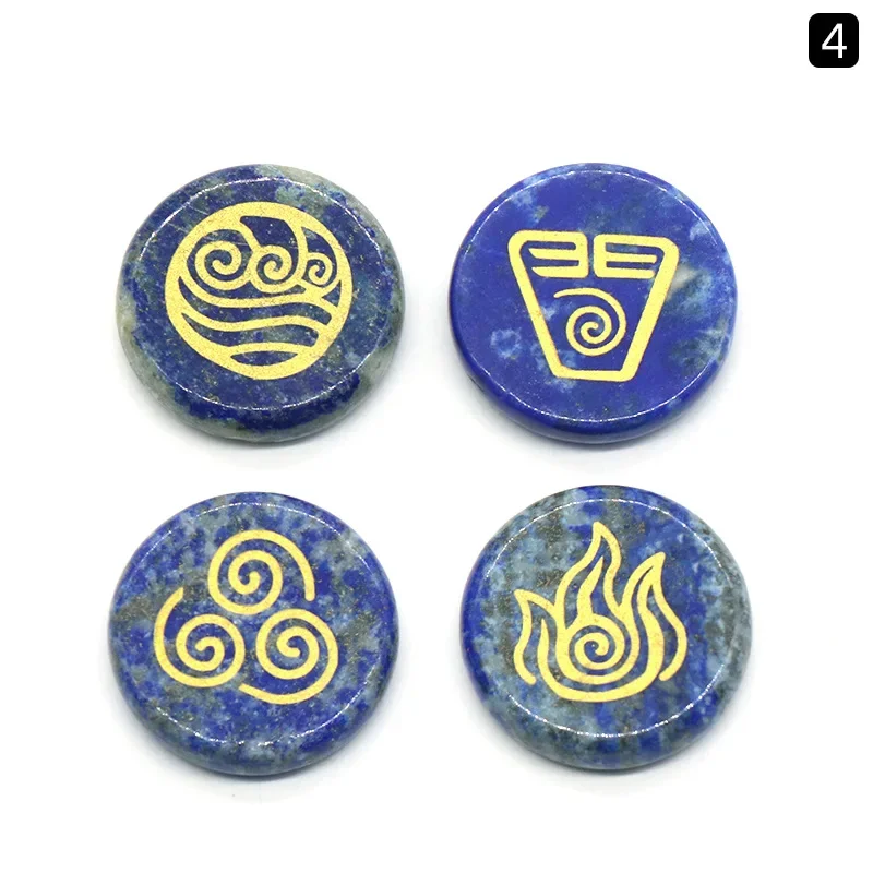 4 Pieces Natural Chakra Lapis Amethyst Tiger Eye Stone Engraved Crystal Reiki Healing Ancient Greek Elemental Reiki Symbol Set