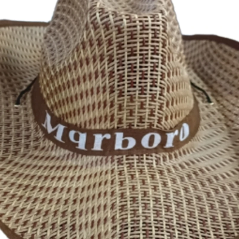 Masculino retrô ocidental cowboy verão palha para chapéu com larga encaracolada letras impressas