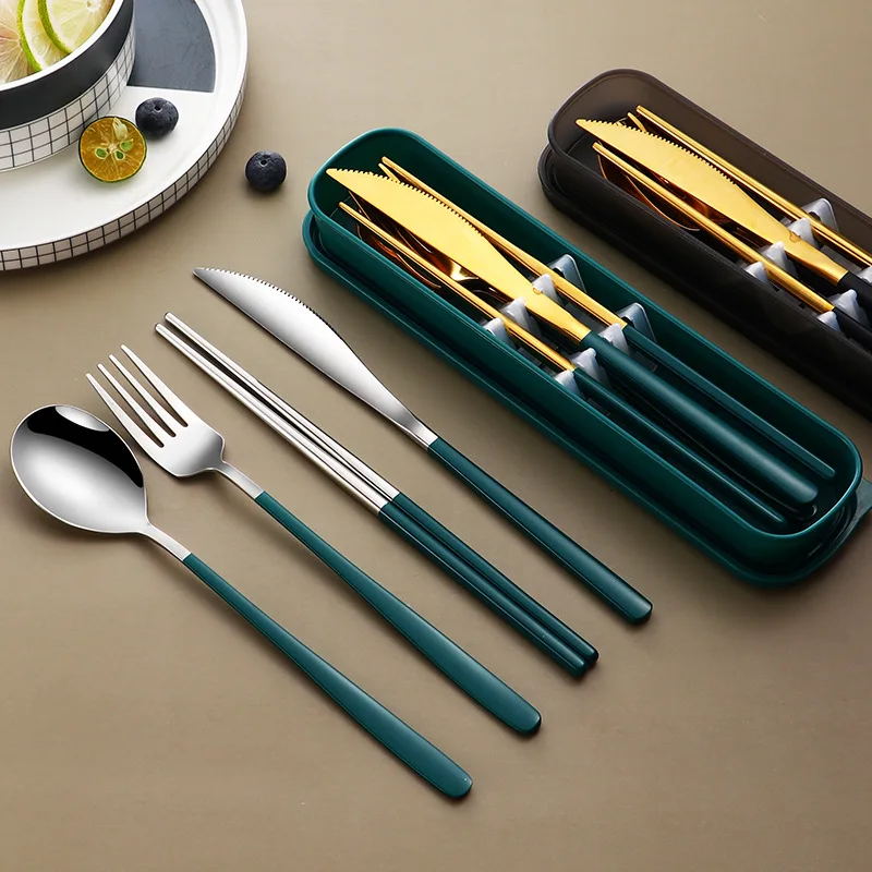 

304 Dinnerware Set Eco Friendly Dish Kitchen Accessories Silverware Sets Gold Knife Fork Spoon Portable Cutlery Sets With Case