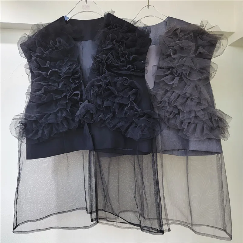 Women Spring Mesh Spliced Ruffles Waistcoat Gauze Pleated Ruched Vest Sleeveless Jacket Solid Color Sleeveless Tank Tops