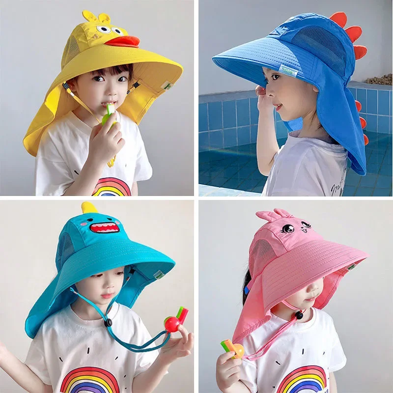 

Boys Girls Wide Brim Cute Sun Hat Sun Protection Kids Bucket Cap Summer Anti-UV Neck Ear Cover Beach Cap Children Cartoon Hat