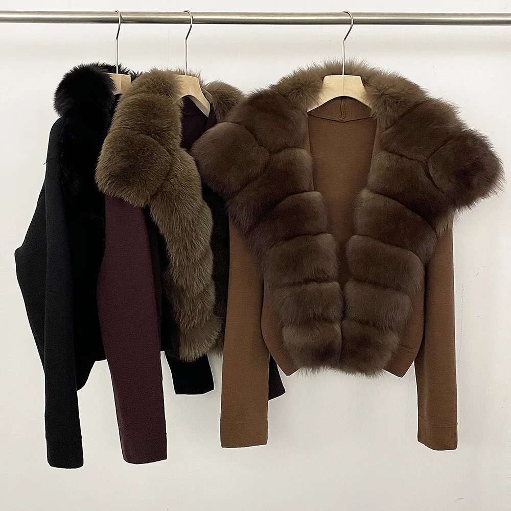 Knitwear Women's Light Winter Clothes Woman Y2k Sweater Long Sleeve Tops Jacket with Natural Fur for Women Warm Cardigan Femmes