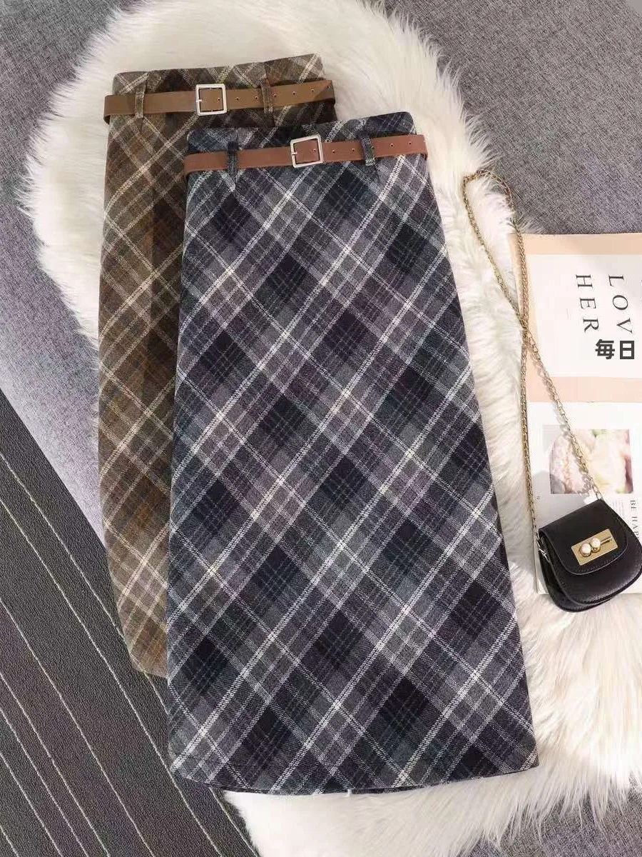 high-waist-plaid-wool-skirt-women's-autumn-winter-2025-new-korean-sle-a-line-tee-piece-set-versatile-bodycon-skirt