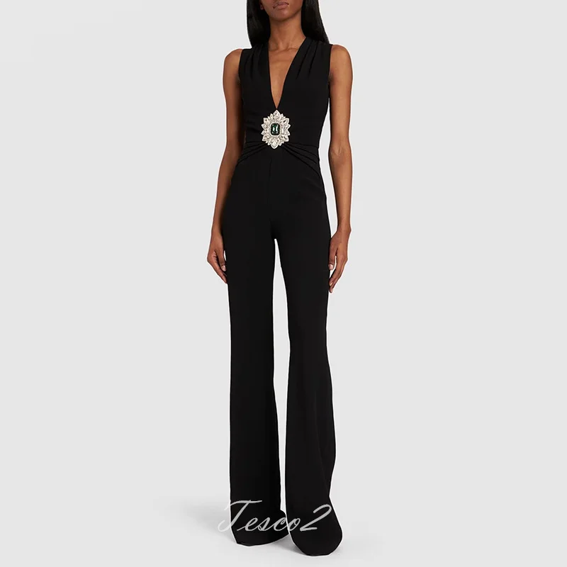 

Tesco 2024 New Spring Summer Women's Jumpsuit With Diamond Beading Sleeveless V Neck Black Sexy Jumpsuit For Evening Party