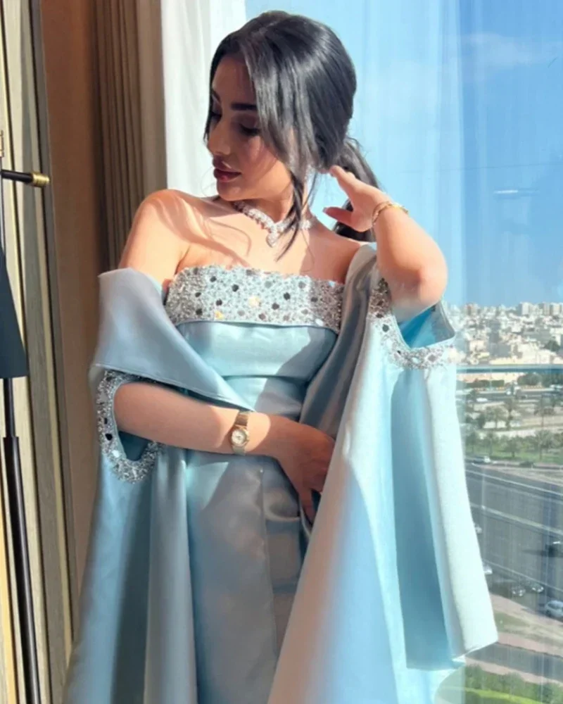 

Customized Prom Dresses Fashion Elegant Strapless Off The Sheath Ankle Length Sequin Satin Stole Formal Evening Gowns for Women