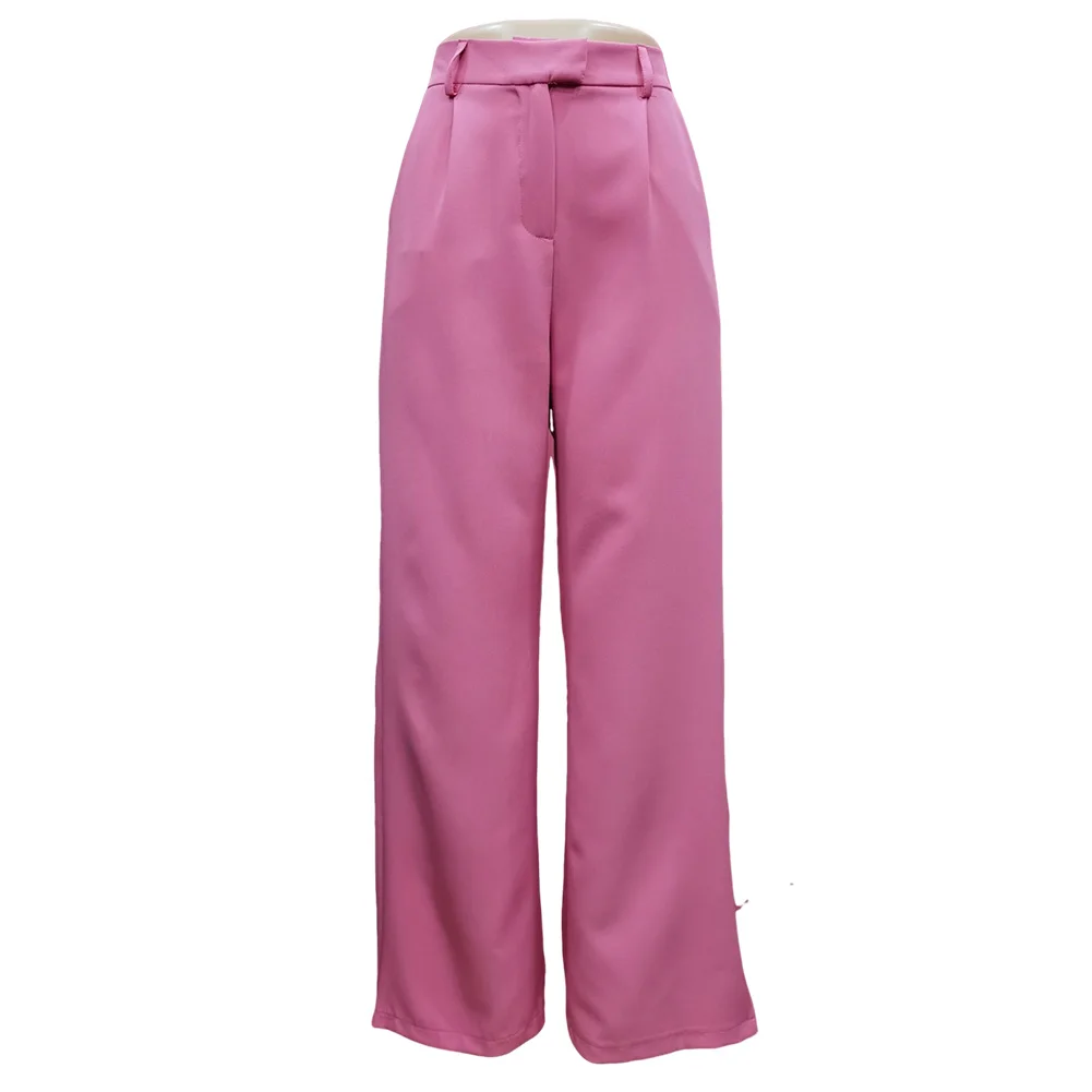 ハイウエストカジュアルパンツ女性用ビジネスパンツピンクハイウエストパンツ通勤スタイルポリエステル生地わずかなストレッチ