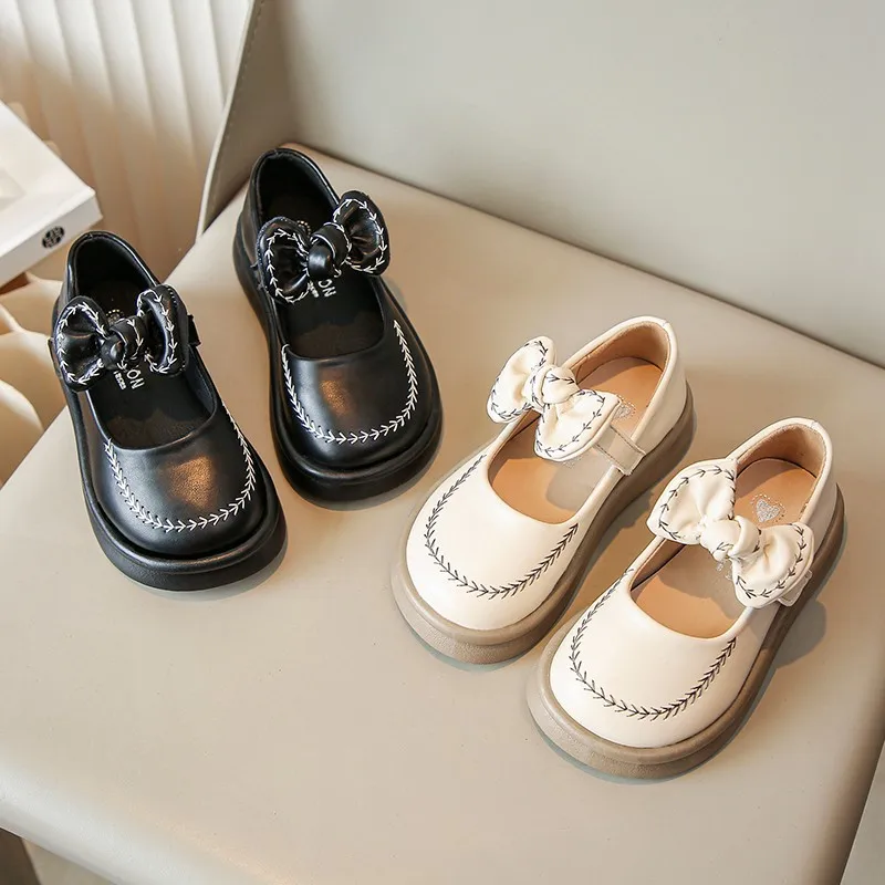 Cute bow Leather Girls Shoes 2026 New T-strap Oxfords Spring Kids Soft Shoes For Girl School Children Princess Dress Shoes
