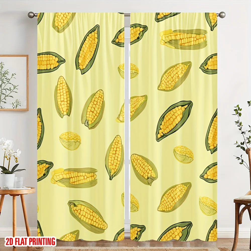 Yellow Corn Curtain, Vegetable Pattern Window Drape, Farmhouse Kitchen Blackout Panel, Dining Room Home Decor