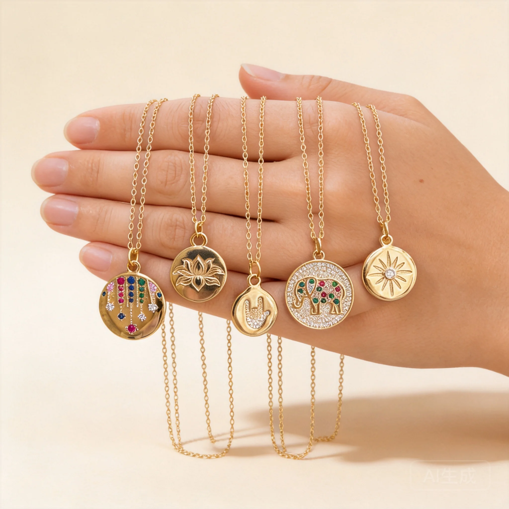 Chinese Style Lucky Blessing Lotus Elephant Disc Pendant Necklace Cubic Zirconia Inlaid Gold Plated Dainty Clavicle Chain For