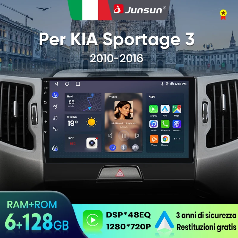 Junsun per Kia Sportage 3 2010-2016 9 Pollici 4GB 64GB Android 13 Autoradio GPS Navigazione Carplay DSP Bluetooth FM Supporto Comando Volante Display Touch Ingresso USB AUX Pronto Telecamera