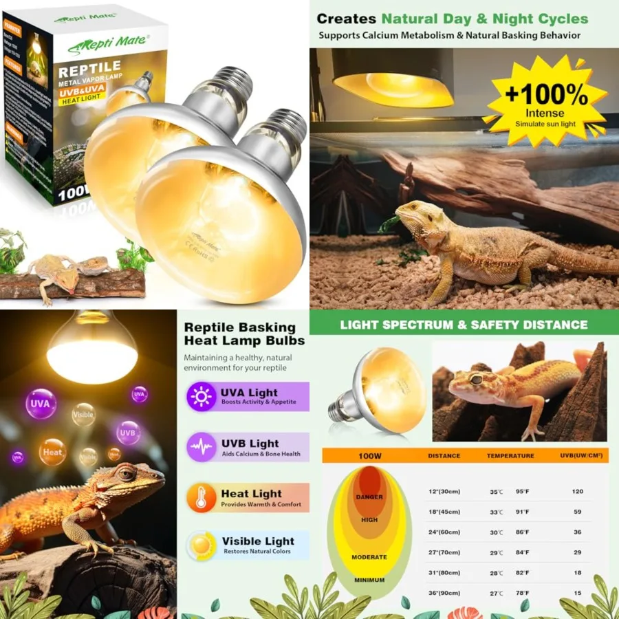 2 Pack 100W Reptile Heat Lamp Bulbs, Full Spectrum UVA/UVB Reptile Light Bulb and Basking Spot Light, UVB Light for Reptiles an