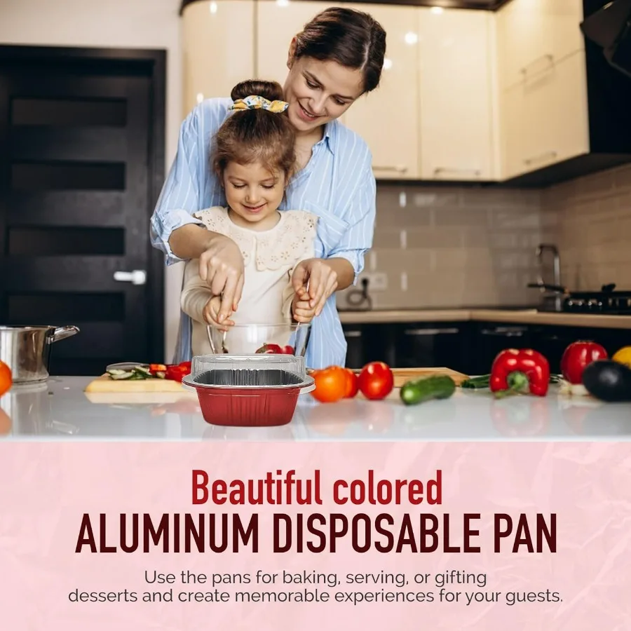 Bandeja para hornear antiadherente de papel de aluminio de colores pesados desechable con tapas, moldes cuadrados para pasteles o entree de 5x5, perfecta para catering y Ev