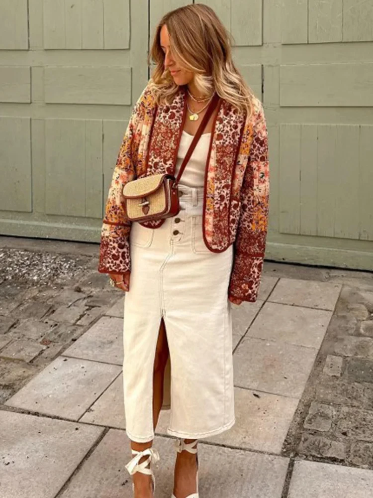 BWQ Giacca cardigan a maniche lunghe con stampa floreale da donna in cotone color clash con nuova decorazione tascabile Giacca corta da strada alla moda