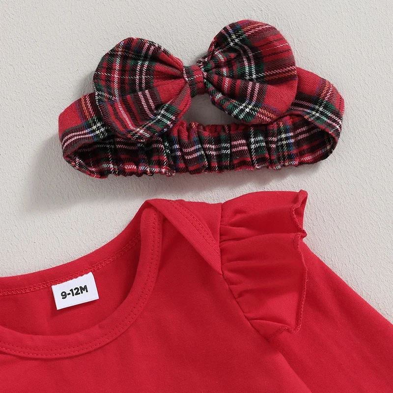 Infant Girl Christmas 3Pcs Outfit Ruffled Long Sleeve Romper A-Line Elk Embroidery Plaid Skirt Bow Headband Set