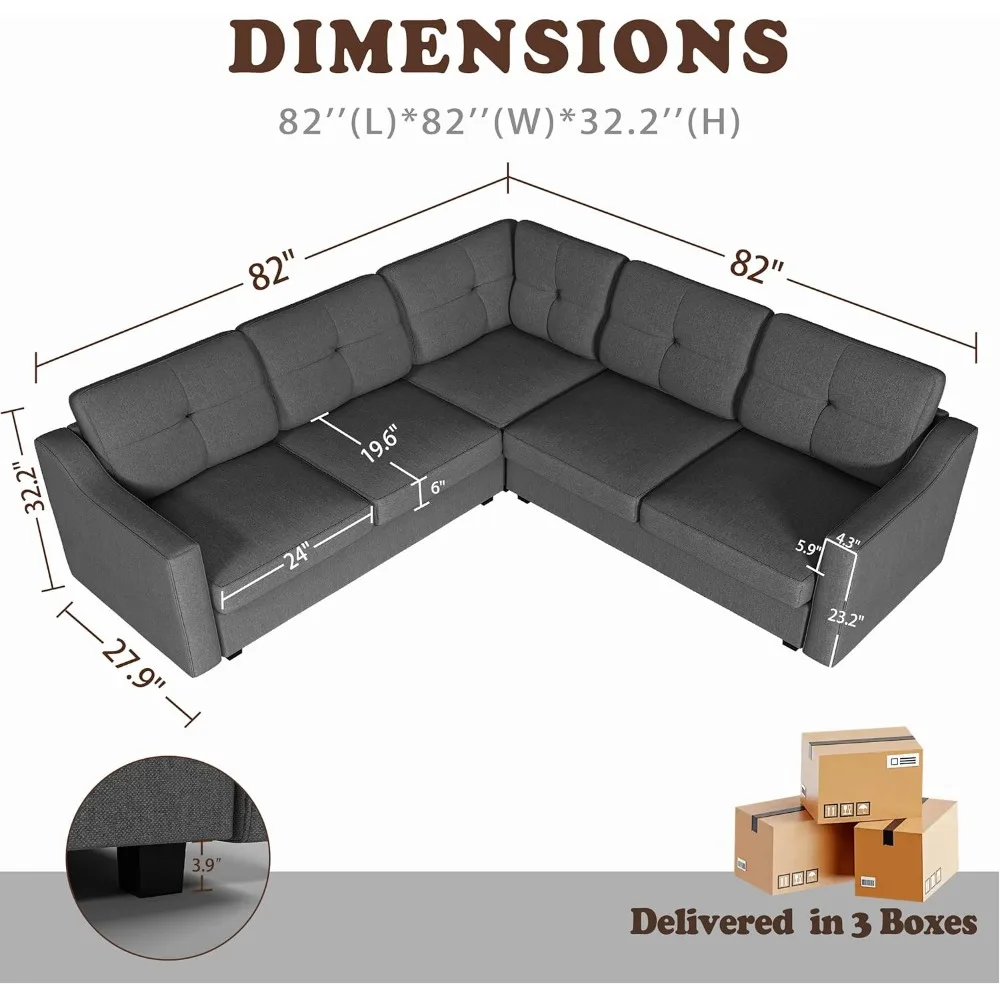 Convertible Sectional Sofa, L Shaped Couch 5-Seat Sofas for Living Room, Small Apartment, Reversible Sectional Couch (Dark Grey)