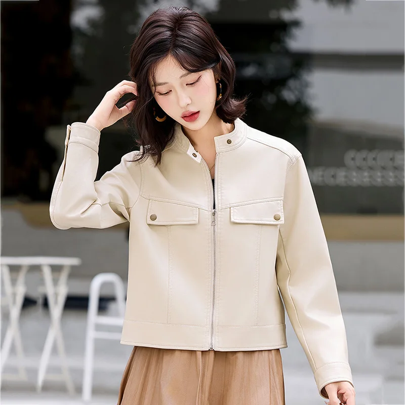 

New Women Casual Split Leather Jacket Spring Autumn Fashion Stand Collar Long Sleeve Loose Short Coat Female Leather Jacket