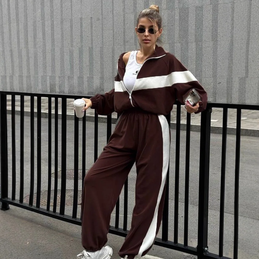 

Women Fashion Sport Tracksuit Casual Fleece Zipper Jacket with Patchwork Elastic Waist Sweatpants Spring Autumn 2 Pieces Set