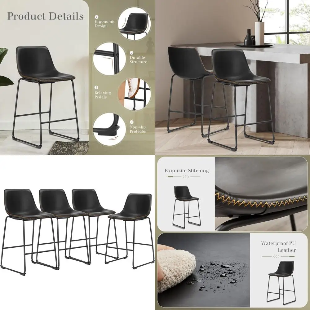 

Набор из 4 кожаных барных стульев с металлическими ножками и спинкой, для кухонного острова или высокого барного стола, черные