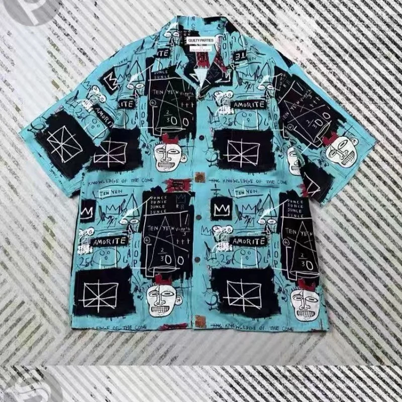 

Street Vintage WACKO MAIRA Hawaii Short Sleeve Shirt Fashion Graffiti Hand-painted Pattern Summer Casual Hip Hop Brand Shirt