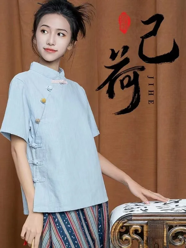 

New Chinese Sle Women's ort Sve irt Cotton Linen Stand Collar Side Button Retro Zen Tea Clothing Artistic Top