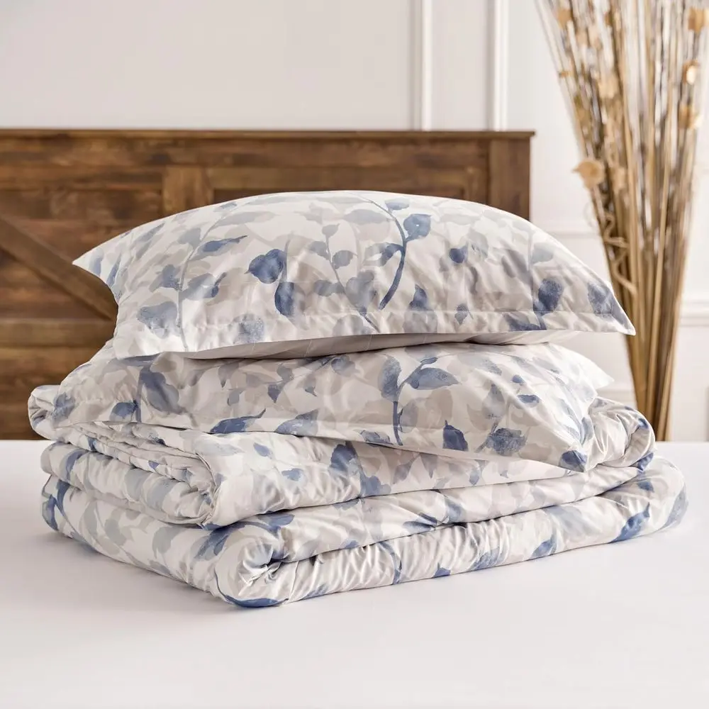 Premium Layered Lea Queen Comorter Set - Sot Blue Botanical Lea Reversible Comorter Bedding Set- 3-Pieces - 1 Comorter and 2 Pil