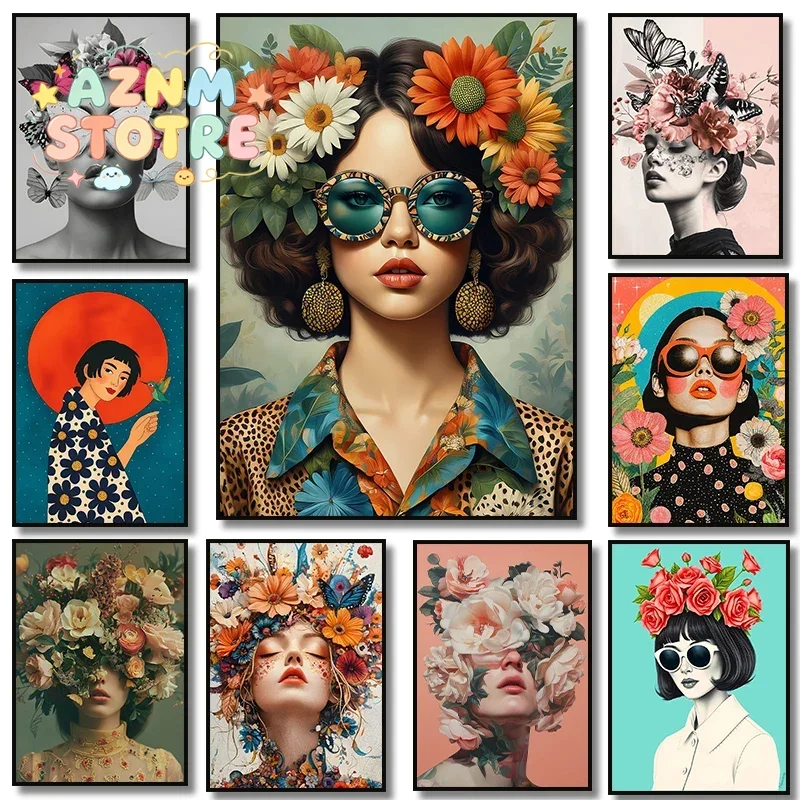 1pc framless Canvas Painting Floral Crowned Butterflies Woman Portrait Poster Canvas Painting Print Fashion Wall Art Picture
