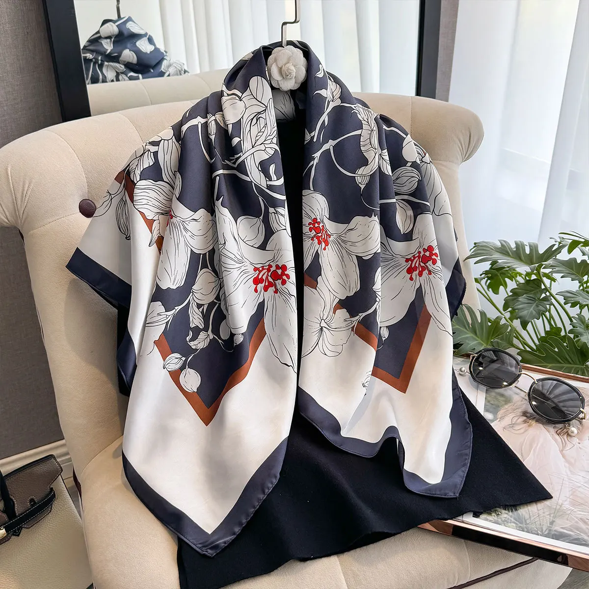 

New 90cm Silk Scarf Women's Fashion Satin Print Imitation Silk Scarf Large Square Scarf Temperament Shawl Bag Headscarf