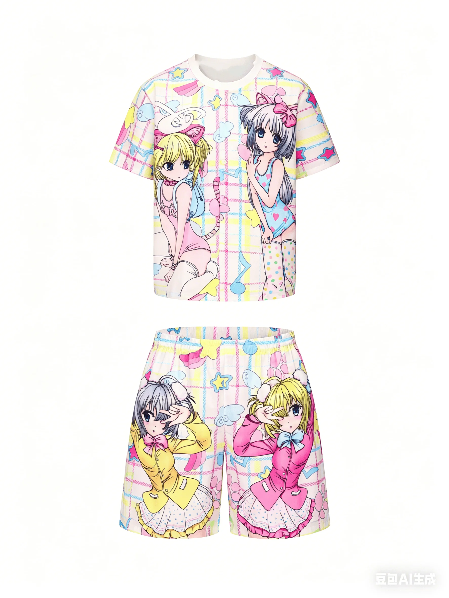 Dunkles, süßes, cooles Set für Erwachsene und Kinder, zweiteiliges Set mit 3D-Kurzarmshirt und Shorts im japanischen Stil mit Totenkopf- und Kuhmuster – Detail 6