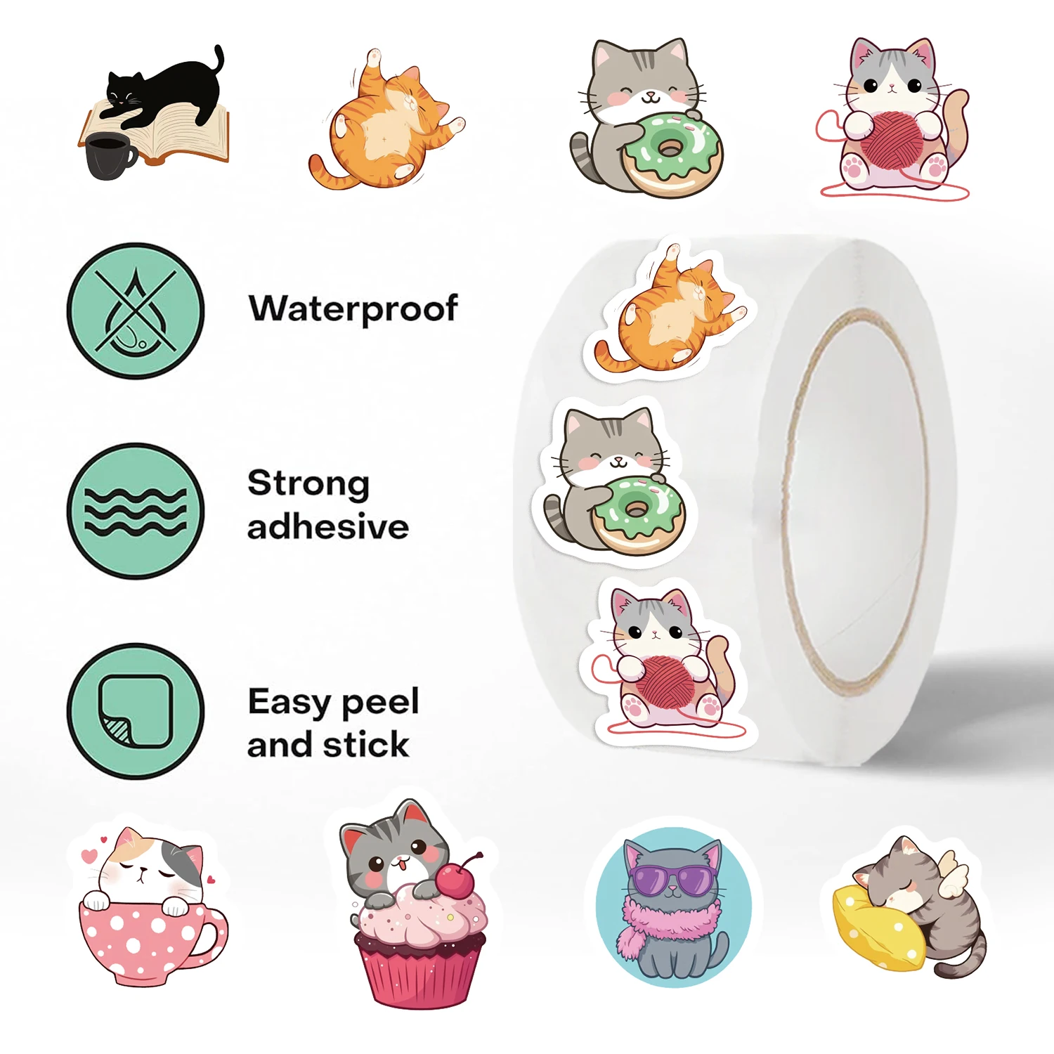 

500 шт. милых мультяшных наклеек с котиками в рулонах, 10 стилей, забавные виниловые водонепроницаемые стикеры Kawaii для ноутбуков и чехлов для телефонов