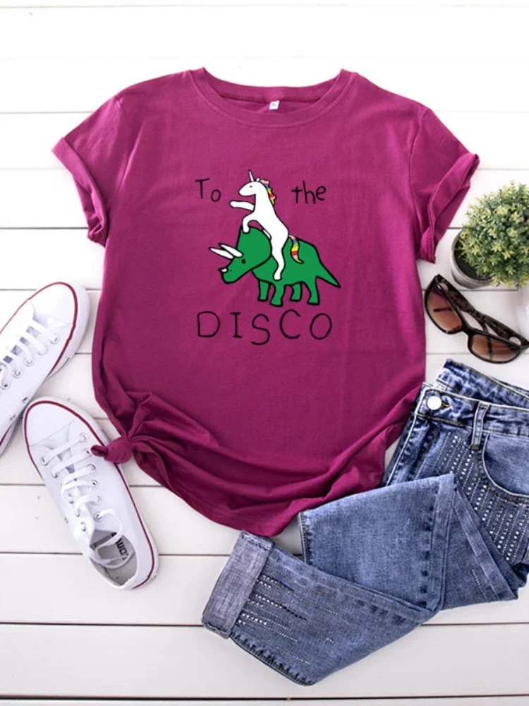 Camiseta feminina com estampa de unicórnio, manga curta, gola O, solta, camiseta feminina, tops, para a discoteca