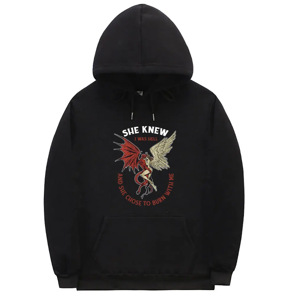 

She Knew I Was Hell and She Chose To Burn with Me Angel and Demon Vintage Graphic Hoodie Men Women Fashion Oversized Sweatshirt