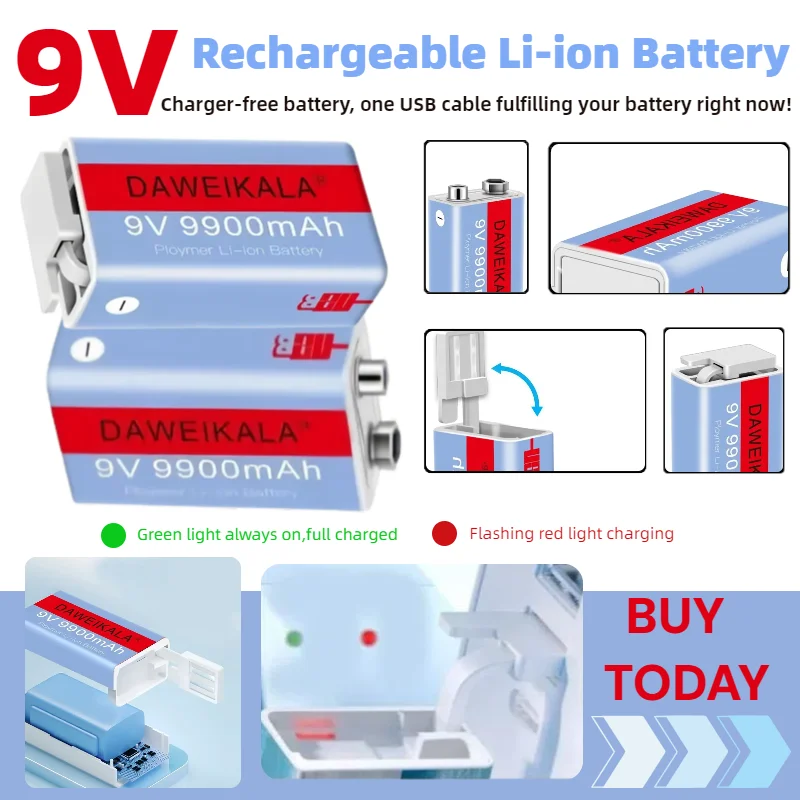 

9V 9900mAh USB Rechargeable Li-Ion Battery Pack for Digital Camera, Wireless Mic, Guitar Effect Pedal, Long Lasting High Quality