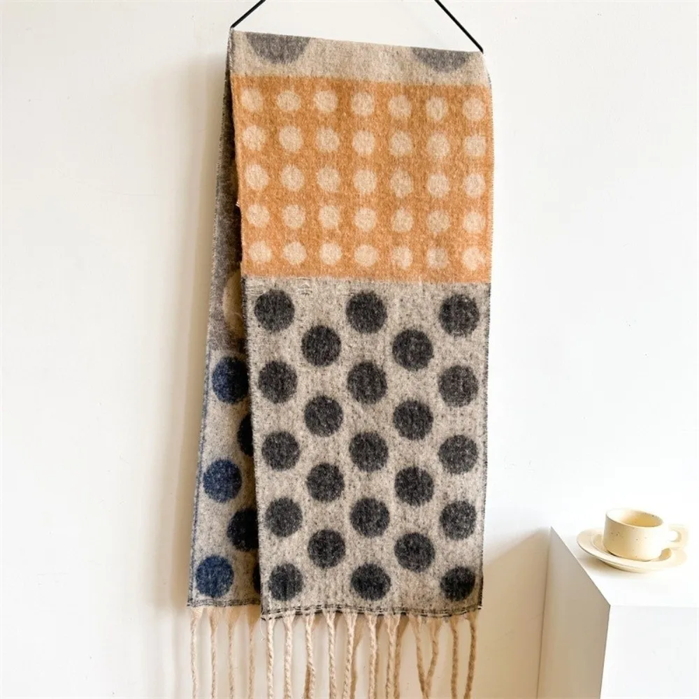 Soft Faux Cashmere Scarf Thick Warm Fabric Polka Dot Pattern Shawl Retro Style Long Tassels Blanket Scarf Winter Season