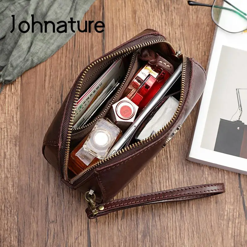 Johnature Simple Genuine Leather Women Small Bag Natural Cowhide Clutch Bag Versatile Solid Color Shoulder & Crossbody Bags