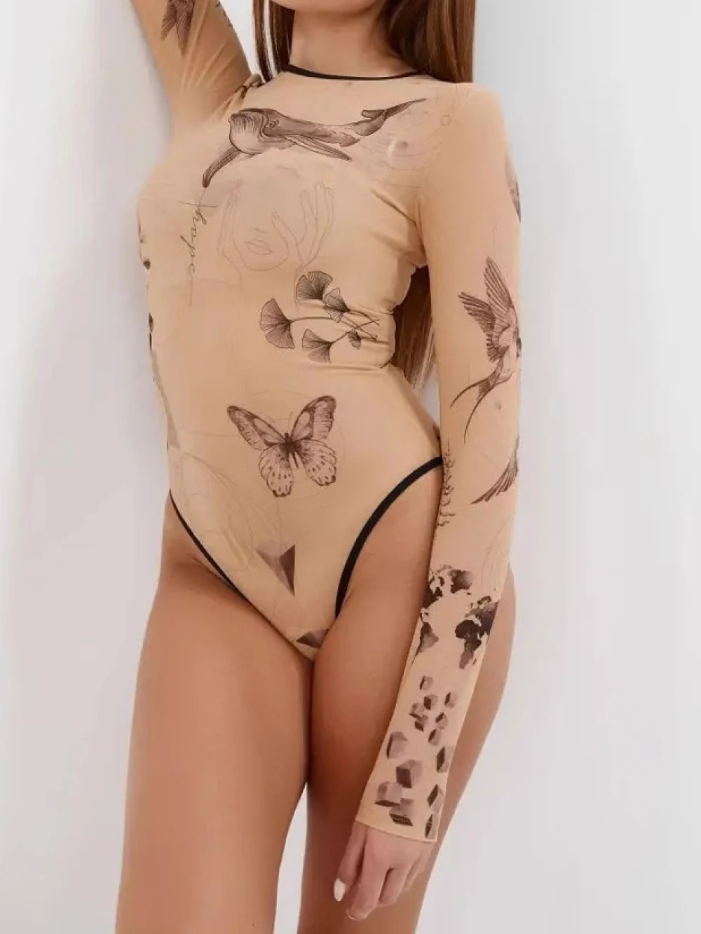 

European and American style mesh see through outfit long sleeved slim fit sexy jumpsuit round neck temperament base shirt