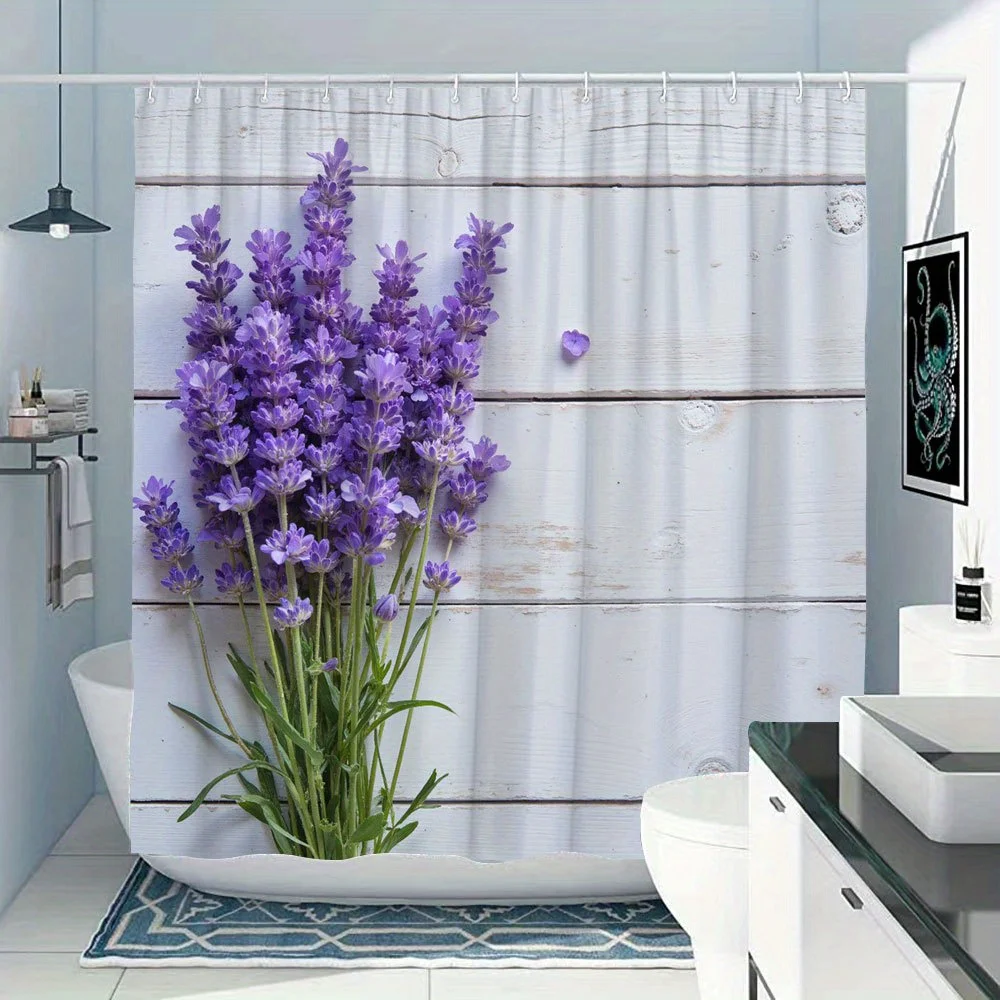 1pc Lavender Bouquet Shower Curtain with Purple Flowers and Green Stems Against Light Gray Wooden Background Simple