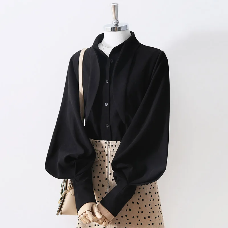

Trendy Rabbit Ear Point Collar Long Sve Women's irt Loose Lantern Sve Korean Sle Retro Spring Autumn New Arrival