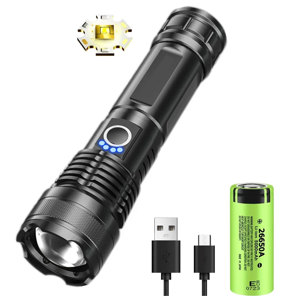 

Мощный сильный свет, фонарик LEP дальнего действия, зарядка через USB, литиевая батарея 26650, уличный телескопический зум, супер яркий фонарик